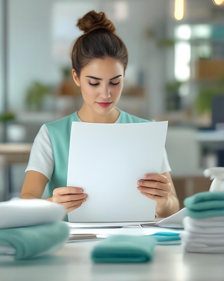 Professional cleaner reviewing service documents in a bright New York office with folded linens nearby