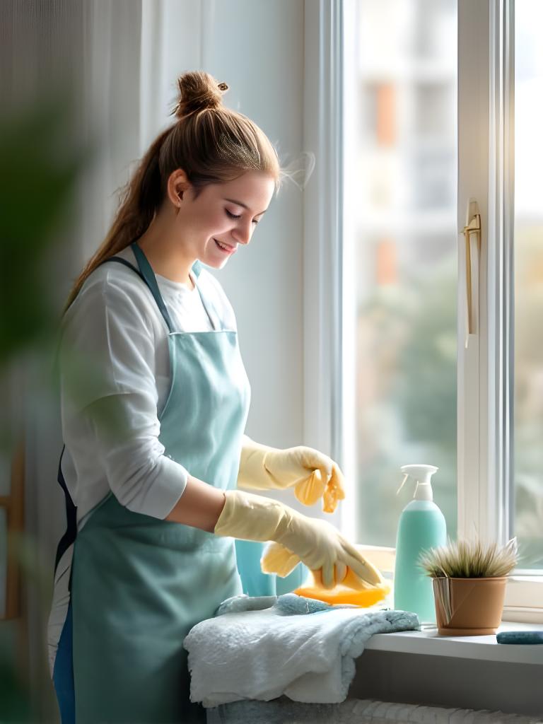 Professional cleaner arranging supplies beside a bright apartment window in Ridgewood