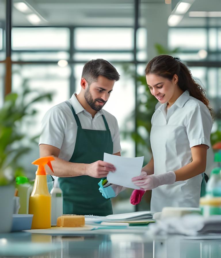 Cleaning team reviewing a service checklist in a bright New York office with neatly arranged supplies
