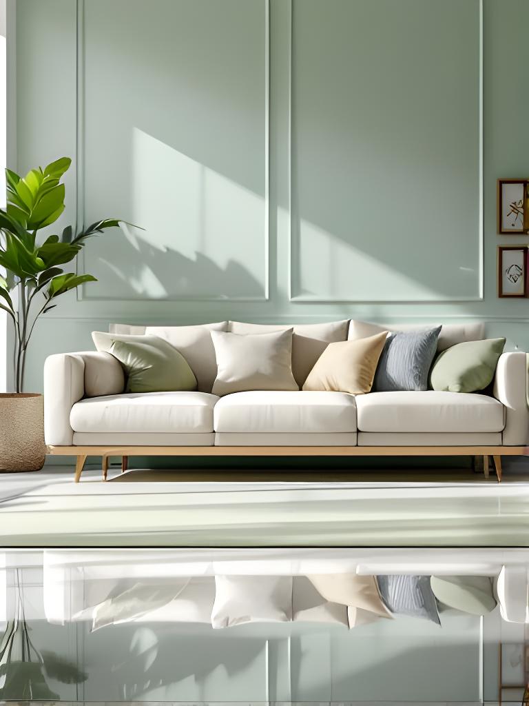 Bright contemporary living room with sunlight on polished floors and neatly arranged cushions