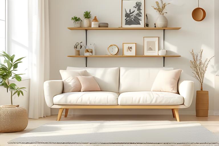 Bright townhouse living room with a neatly made sofa, tidy shelves, and natural light across hardwood floors