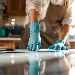 Omar Belisario wearing gloves and checking polished surfaces in a sunlit Brooklyn brownstone