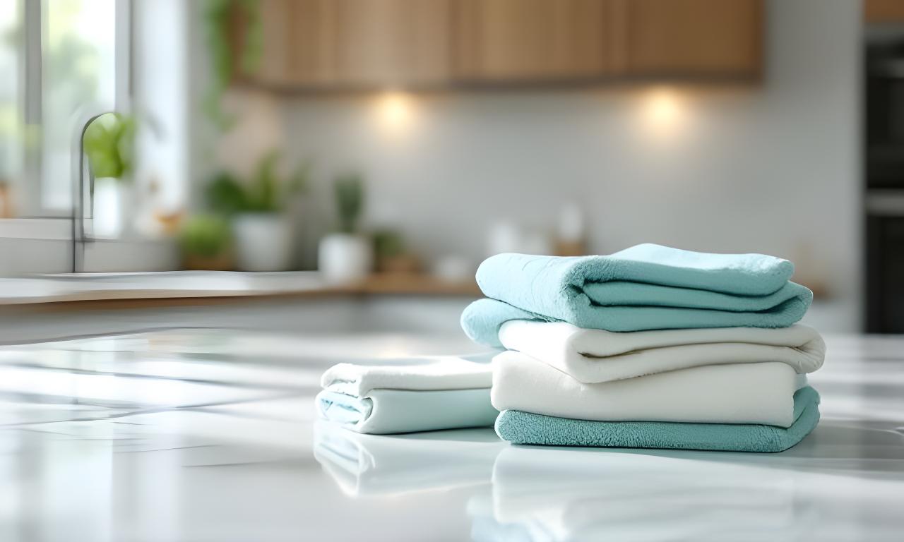 Freshly cleaned kitchen with gleaming counters, soft daylight, and neatly arranged cleaning cloths
