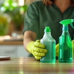 Daniela Rossi arranging green cleaning bottles beside a fresh apartment kitchen in Queens